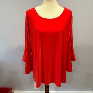 Women with Control Solid Red Flounce 3/4 Sleeve Petite Blouse Top Shirt